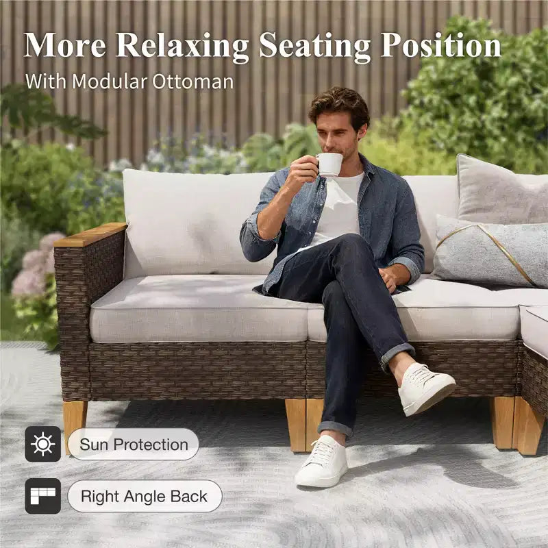 Captiva Designs Salon de conversation sectionnel en rotin tressé 8 pièces pour terrasse extérieure avec table brasero et pouf rembourré