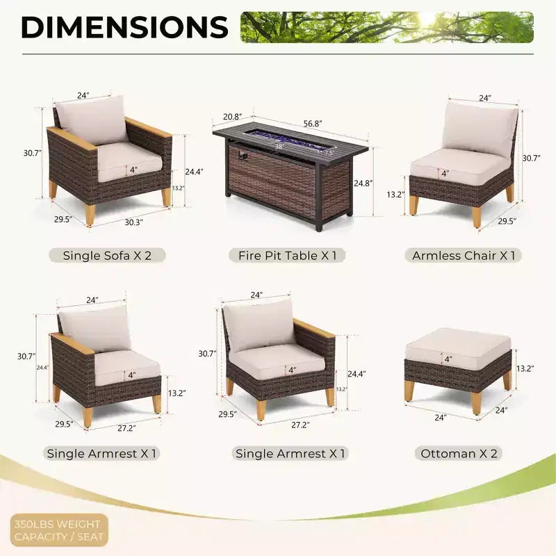 Captiva Designs Salon de conversation sectionnel en rotin tressé 8 pièces pour terrasse extérieure avec table brasero et pouf rembourré