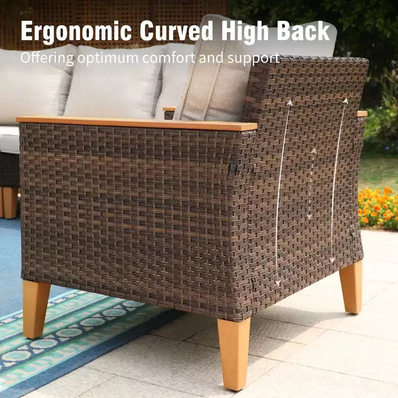 Captiva Designs Salon de conversation sectionnel en rotin tressé 8 pièces pour terrasse extérieure avec table brasero et pouf rembourré