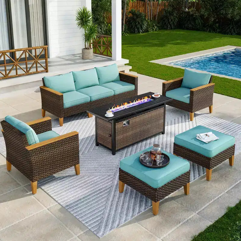 Captiva Designs Salon de conversation sectionnel en rotin tressé 8 pièces pour terrasse extérieure avec table brasero et pouf rembourré