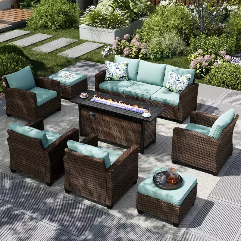 Captiva Designs Ensemble de 8 meubles de jardin en rotin tressé avec canapé rembourré, brasero, poufs et fauteuils individuels