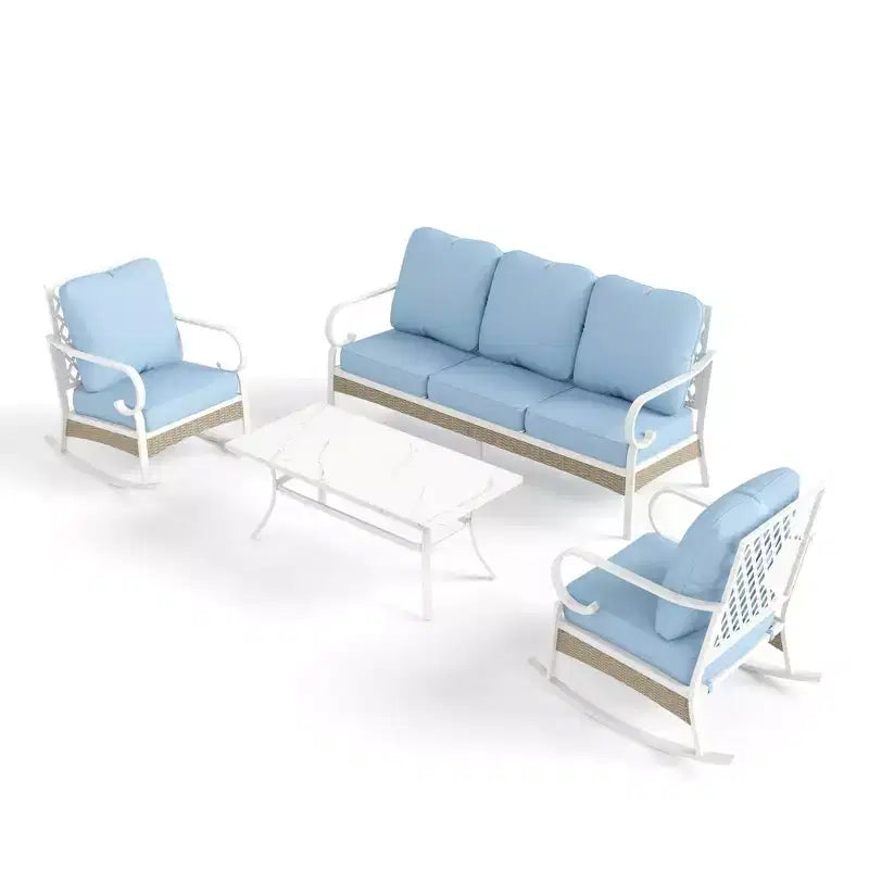Captiva Designs Ensemble de conversation d'extérieur 4 pièces en métal et rotin extra large avec chaises à bascule à dossier quadrillé et table