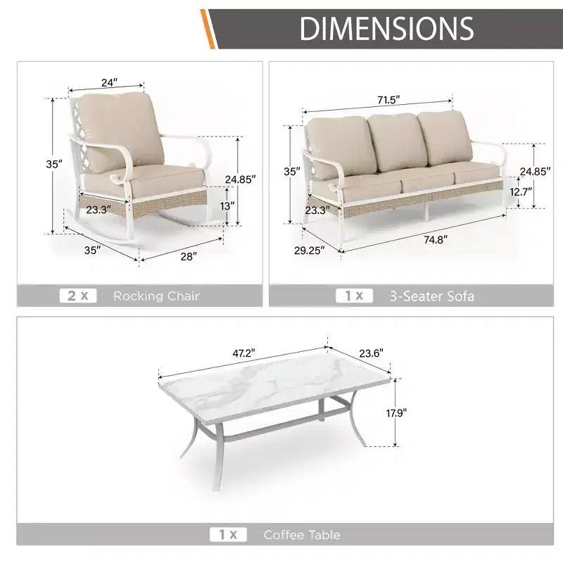 Captiva Designs Ensemble de conversation d'extérieur 4 pièces en métal et rotin extra large avec chaises à bascule à dossier quadrillé et table