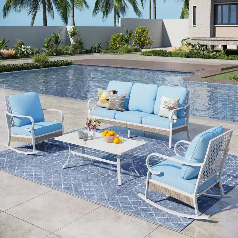 Captiva Designs Ensemble de conversation d'extérieur 4 pièces en métal et rotin extra large avec chaises à bascule à dossier quadrillé et table