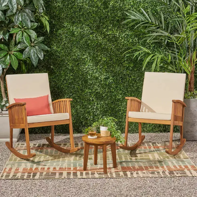 Ensemble de conversation 3 pièces en bois d'acacia d'extérieur avec coussins et fauteuils à bascule Abbottsford de Christopher Knight Home, marron/crème