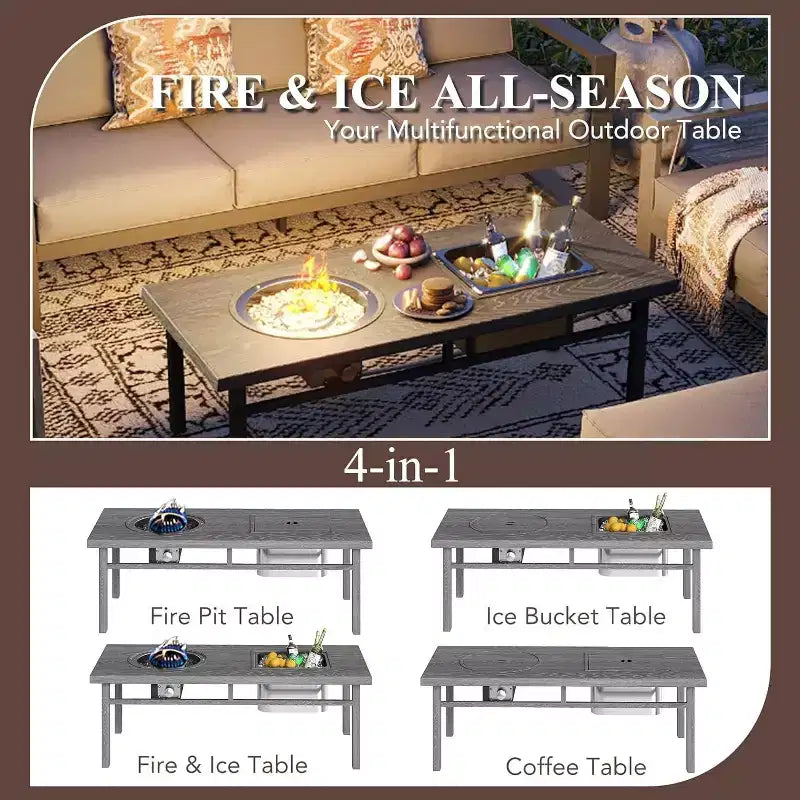 Ensemble de meubles de patio en aluminium Heynemo avec table brasero, ensemble de conversation extérieur 6 pièces, canapé sectionnel en métal et table basse