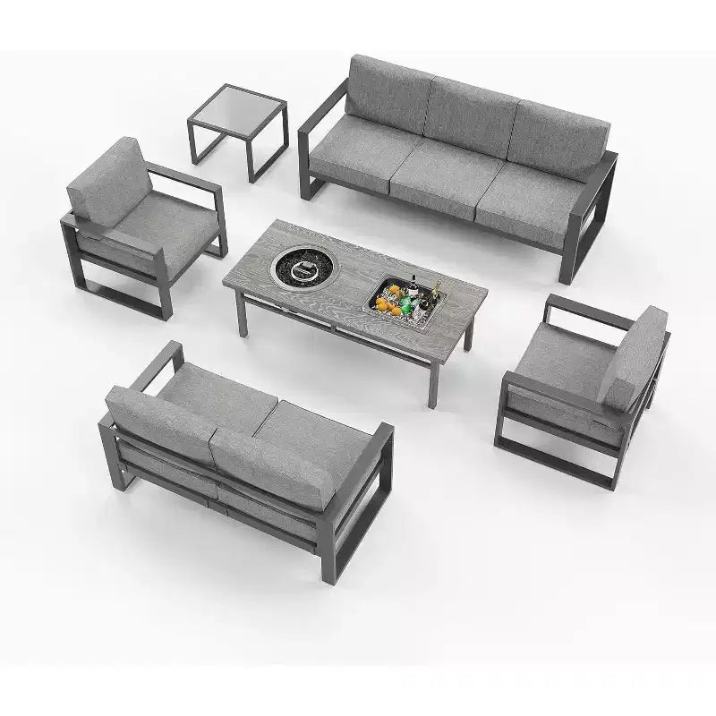Ensemble de meubles de patio en aluminium Heynemo avec table brasero, ensemble de conversation extérieur 6 pièces, canapé sectionnel en métal et table basse