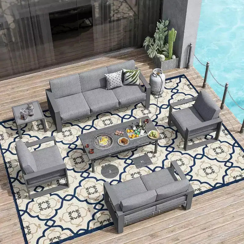 Ensemble de meubles de patio en aluminium Heynemo avec table brasero, ensemble de conversation extérieur 6 pièces, canapé sectionnel en métal et table basse