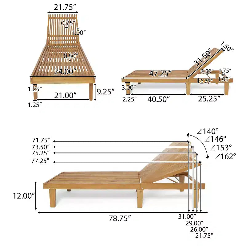 Christopher Knight Home Teresa Chaise longue réglable 3 pièces en bois d'acacia pour l'extérieur