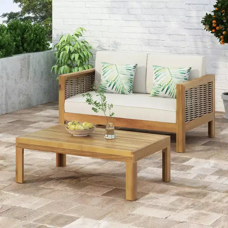 Ensemble de meubles de patio d'extérieur, ensemble de conversation en bois d'acacia avec chaises d'appoint en osier, causeuse et table basse - Merax