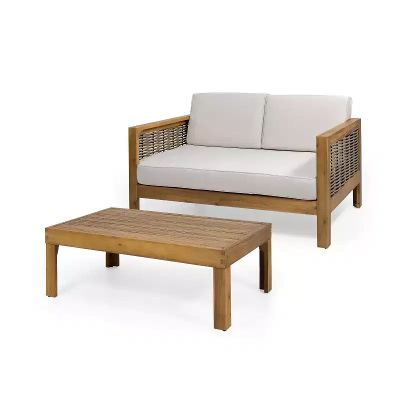 Ensemble de meubles de patio d'extérieur, ensemble de conversation en bois d'acacia avec chaises d'appoint en osier, causeuse et table basse - Merax