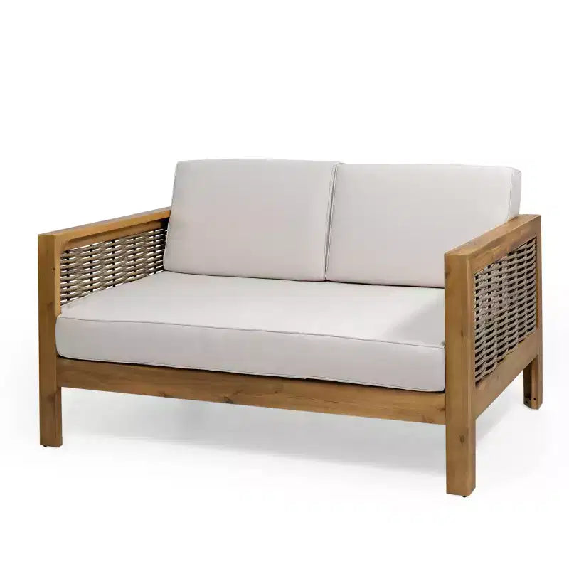 Ensemble de meubles de patio d'extérieur, ensemble de conversation en bois d'acacia avec chaises d'appoint en osier, causeuse et table basse - Merax