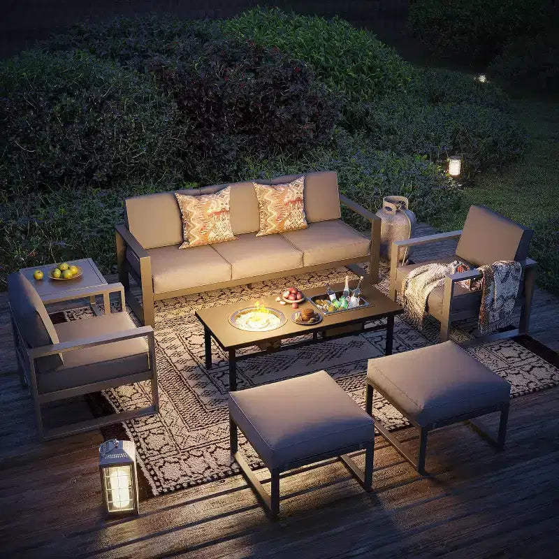 Ensemble de meubles de patio en aluminium Heynemo avec table brasero, 7 pièces, mobilier de jardin moderne avec poufs et table basse