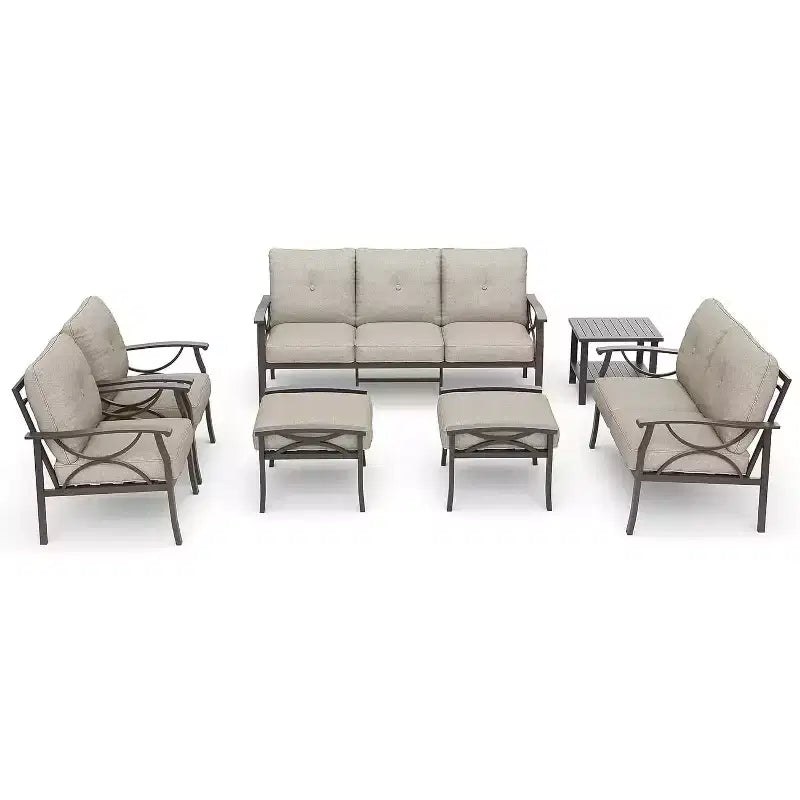 Ensemble de mobilier de jardin Heynemo, ensemble de 7 meubles de salon de jardin avec table d'appoint et poufs, ensemble de meubles en métal pour porche, cour arrière, jardin