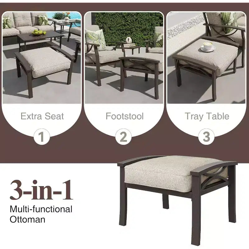 Ensemble de mobilier de jardin Heynemo, ensemble de 7 meubles de salon de jardin avec table d'appoint et poufs, ensemble de meubles en métal pour porche, cour arrière, jardin