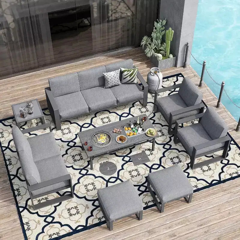 Heynemo Ensemble de mobilier de patio en aluminium avec table brasero, salon de jardin extérieur 8 pièces, canapé d'angle avec poufs et table basse