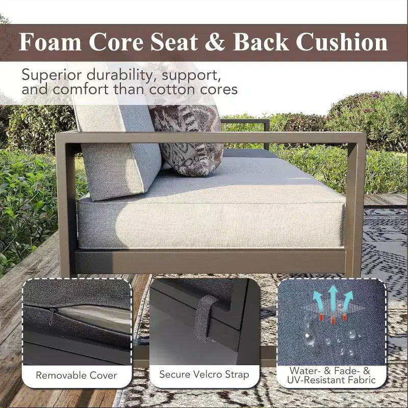 Heynemo Ensemble de mobilier de patio en aluminium avec table brasero, salon de jardin extérieur 8 pièces, canapé d'angle avec poufs et table basse