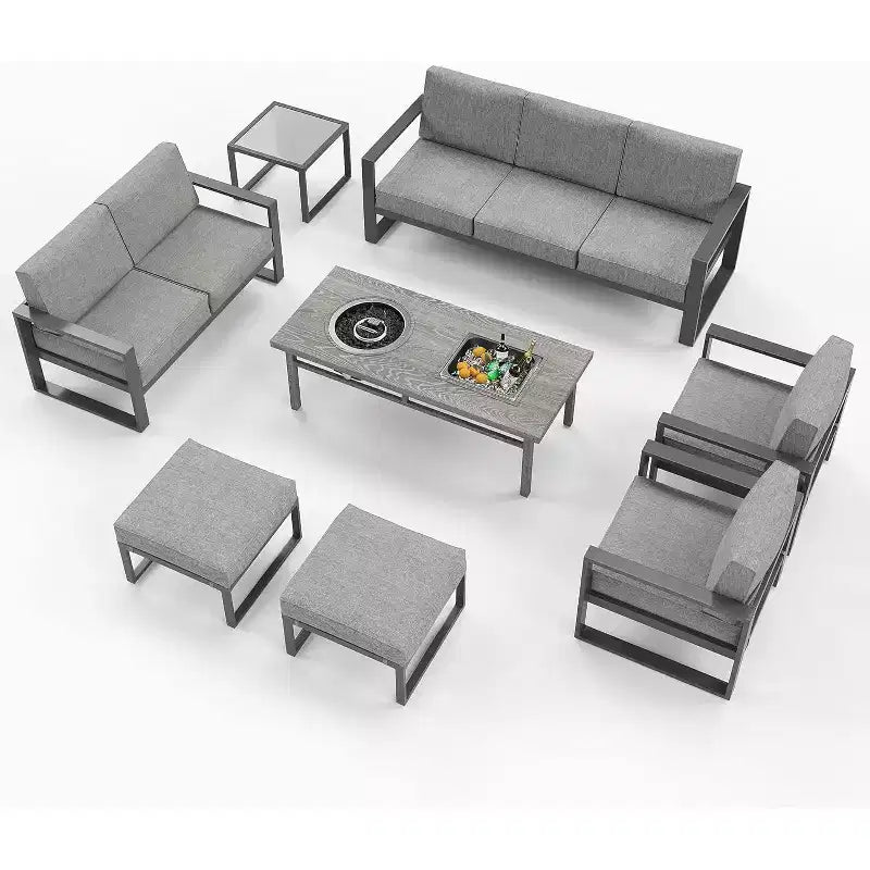 Heynemo Ensemble de mobilier de patio en aluminium avec table brasero, salon de jardin extérieur 8 pièces, canapé d'angle avec poufs et table basse