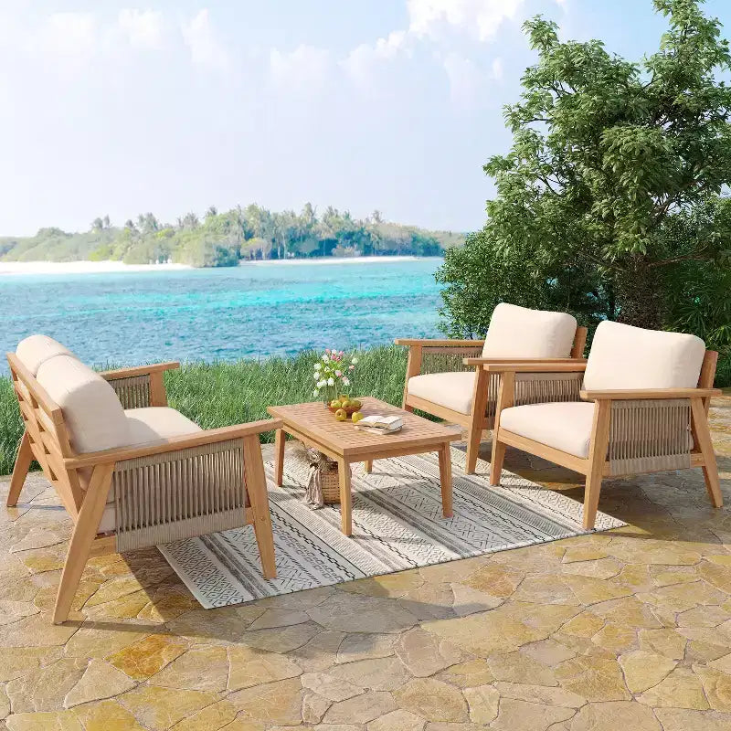 Christopher Knight Home Tariq Ensemble de 4 meubles de jardin rustiques en bois d'acacia et corde avec coussins