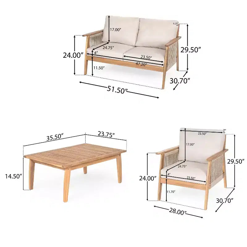 Christopher Knight Home Tariq Ensemble de 4 meubles de jardin rustiques en bois d'acacia et corde avec coussins