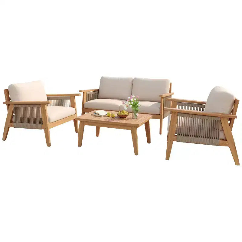 Christopher Knight Home Tariq Ensemble de 4 meubles de jardin rustiques en bois d'acacia et corde avec coussins