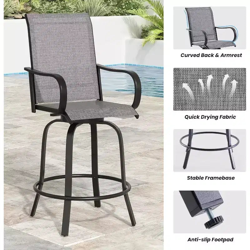 Lot de 2 tabourets de bar d'extérieur pivotants en textilène – Rotation à 360°, design ergonomique résistant aux intempéries, parfait pour balcon et patio