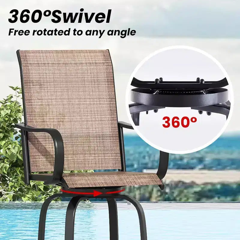 Lot de 2 tabourets de bar d'extérieur pivotants en textilène – Rotation à 360°, design ergonomique résistant aux intempéries, parfait pour balcon et patio