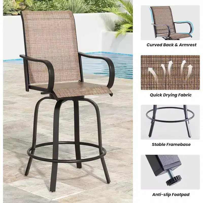 Lot de 2 tabourets de bar d'extérieur pivotants en textilène – Rotation à 360°, design ergonomique résistant aux intempéries, parfait pour balcon et patio
