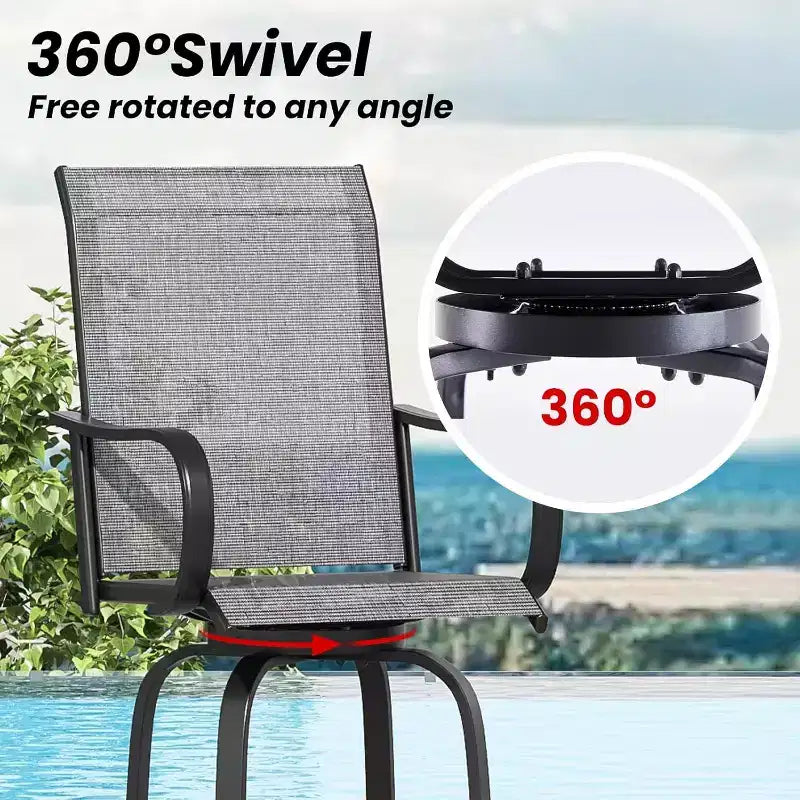 Lot de 2 tabourets de bar d'extérieur pivotants en textilène – Rotation à 360°, design ergonomique résistant aux intempéries, parfait pour balcon et patio