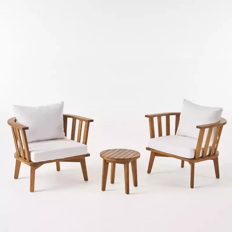 GDFStudio Lorie Ensemble de conversation 3 pièces en bois d'acacia avec coussins résistants à l'eau, teck/blanc