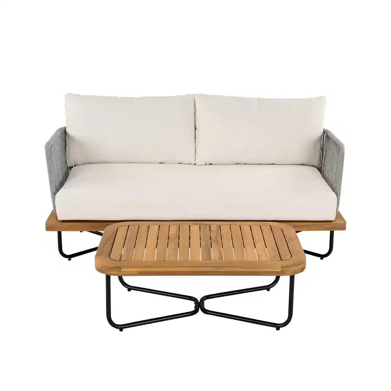 Christopher Knight Home Ofra Ensemble de chaises de jardin tressées en corde, acacia et fer, avec 7 coussins résistants à l'eau
