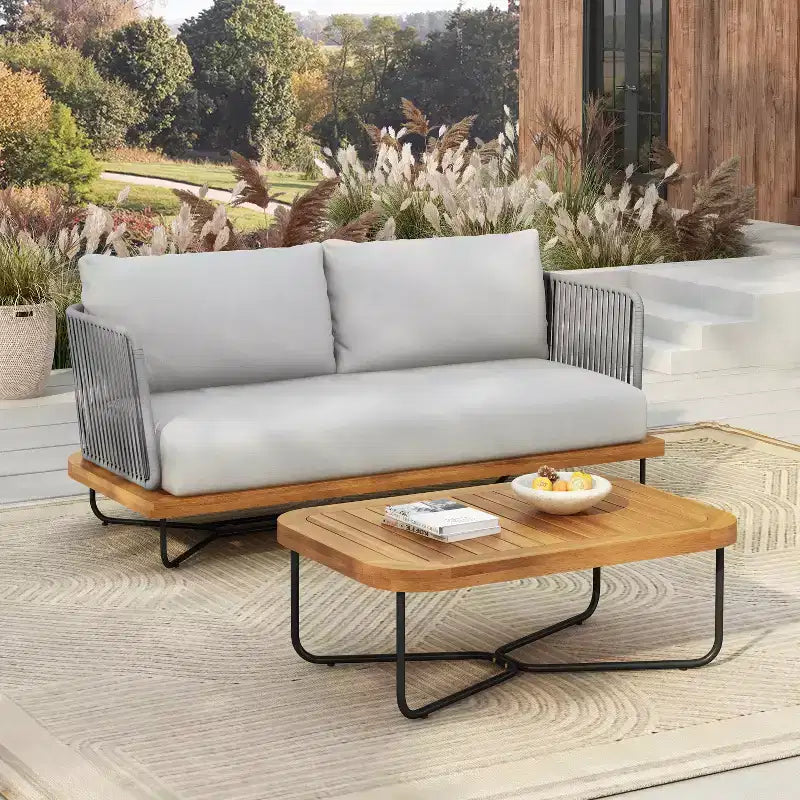 Christopher Knight Home Ofra Ensemble de chaises de jardin tressées en corde, acacia et fer, avec 7 coussins résistants à l'eau