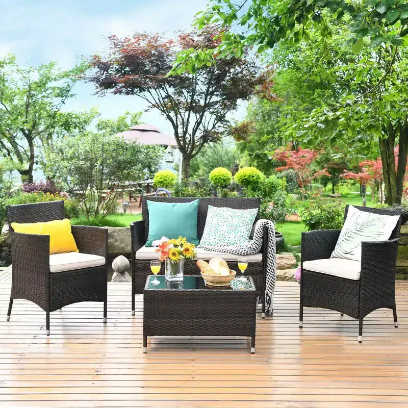 Costway Salon de Jardin 8 Pièces en Rotin, Canapé et Fauteuil Coussins, Marron Mélangé