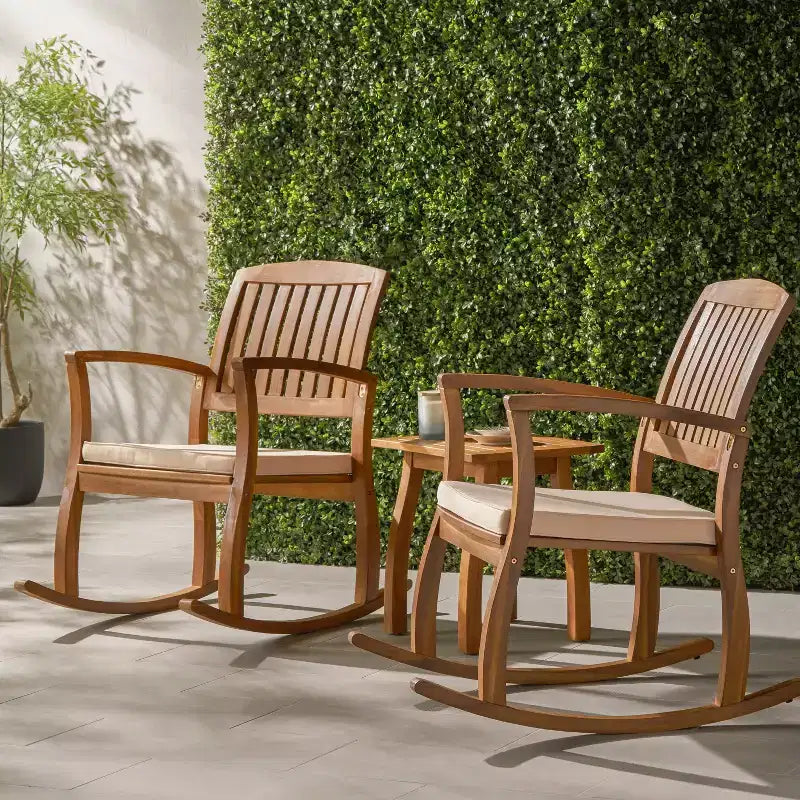 GDFStudio Amber Ensemble de conversation 3 pièces de fauteuils à bascule d'extérieur en bois d'acacia avec coussins, teck/crème