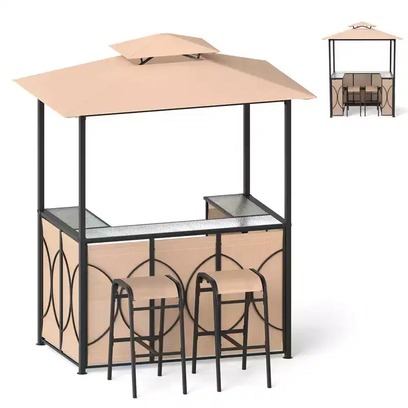 Costway Kit Tonnelle de Barbecue 6,5 x 4 x 8 FT avec 2 Tabourets de Bar, Table de Bar en Verre Trempé Marron/Gris
