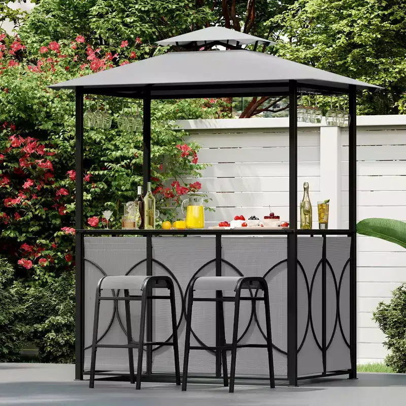 Costway Kit Tonnelle de Barbecue 6,5 x 4 x 8 FT avec 2 Tabourets de Bar, Table de Bar en Verre Trempé Marron/Gris