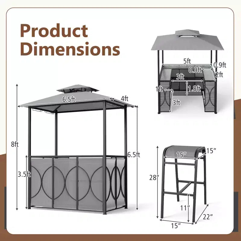 Costway Kit Tonnelle de Barbecue 6,5 x 4 x 8 FT avec 2 Tabourets de Bar, Table de Bar en Verre Trempé Marron/Gris