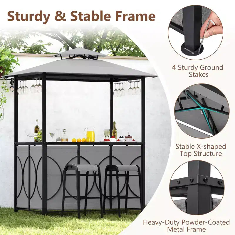 Costway Kit Tonnelle de Barbecue 6,5 x 4 x 8 FT avec 2 Tabourets de Bar, Table de Bar en Verre Trempé Marron/Gris