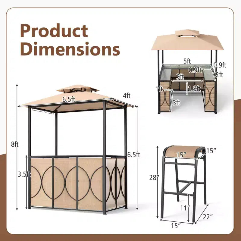 Costway Kit Tonnelle de Barbecue 6,5 x 4 x 8 FT avec 2 Tabourets de Bar, Table de Bar en Verre Trempé Marron/Gris