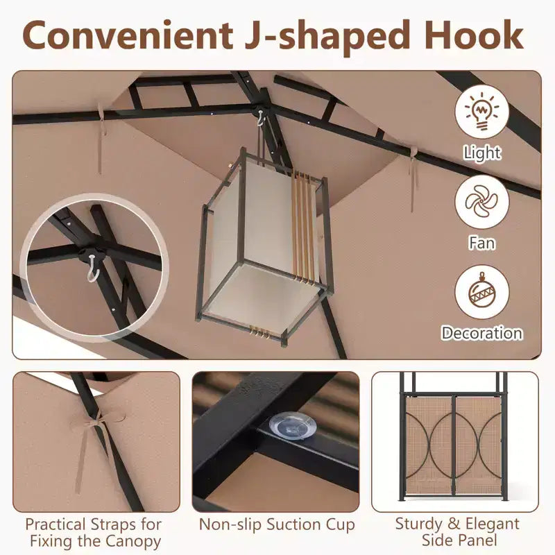 Costway Kit Tonnelle de Barbecue 6,5 x 4 x 8 FT avec 2 Tabourets de Bar, Table de Bar en Verre Trempé Marron/Gris