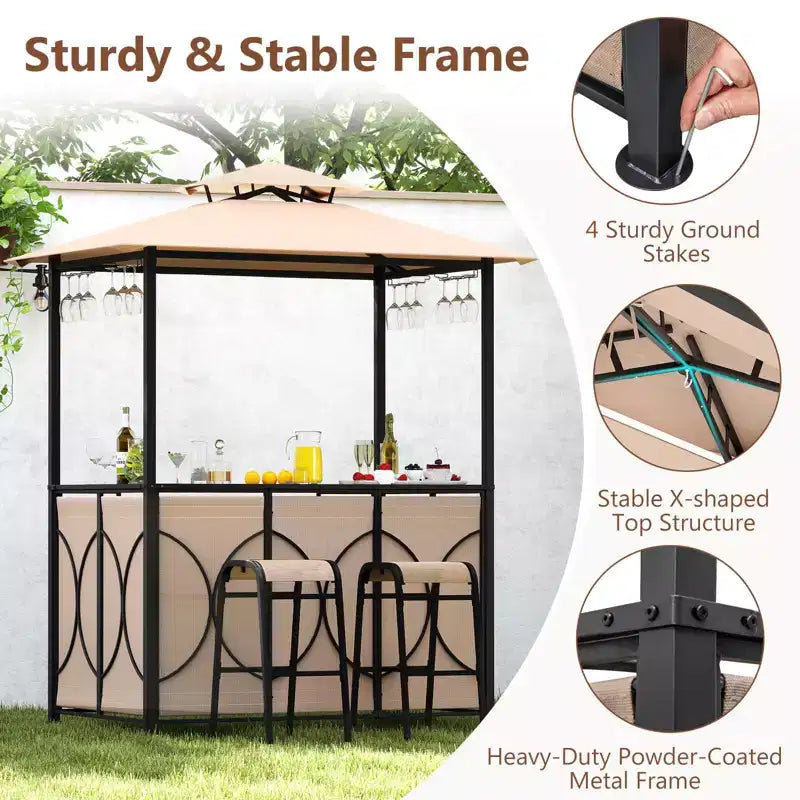 Costway Kit Tonnelle de Barbecue 6,5 x 4 x 8 FT avec 2 Tabourets de Bar, Table de Bar en Verre Trempé Marron/Gris
