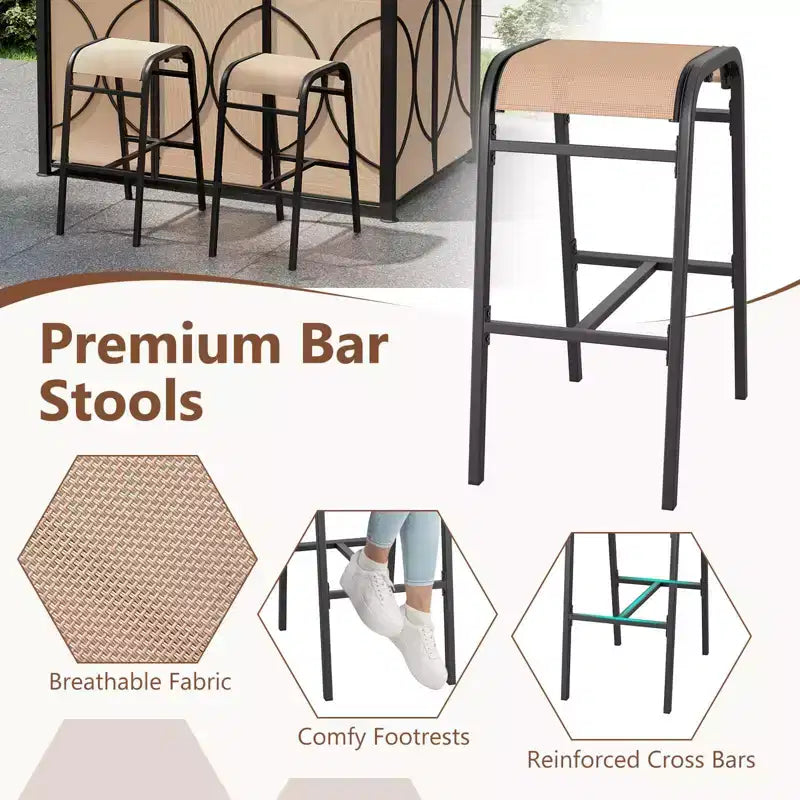 Costway Kit Tonnelle de Barbecue 6,5 x 4 x 8 FT avec 2 Tabourets de Bar, Table de Bar en Verre Trempé Marron/Gris