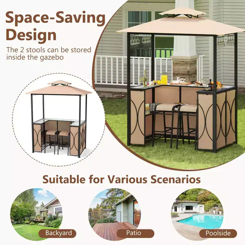 Costway Kit Tonnelle de Barbecue 6,5 x 4 x 8 FT avec 2 Tabourets de Bar, Table de Bar en Verre Trempé Marron/Gris