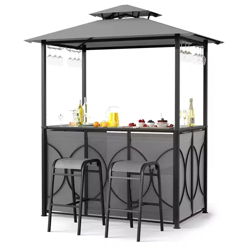 Costway Kit Tonnelle de Barbecue 6,5 x 4 x 8 FT avec 2 Tabourets de Bar, Table de Bar en Verre Trempé Marron/Gris