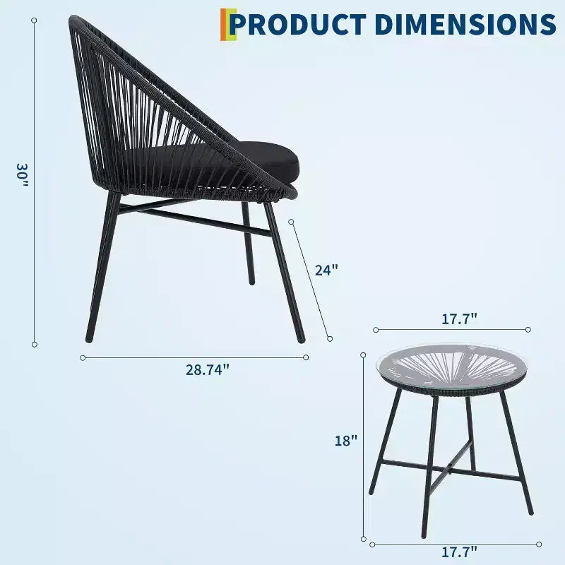 Ensemble de patio Acapulco 3 pièces – Chaises tissées tout temps et table en verre trempé pour balcon/terrasse