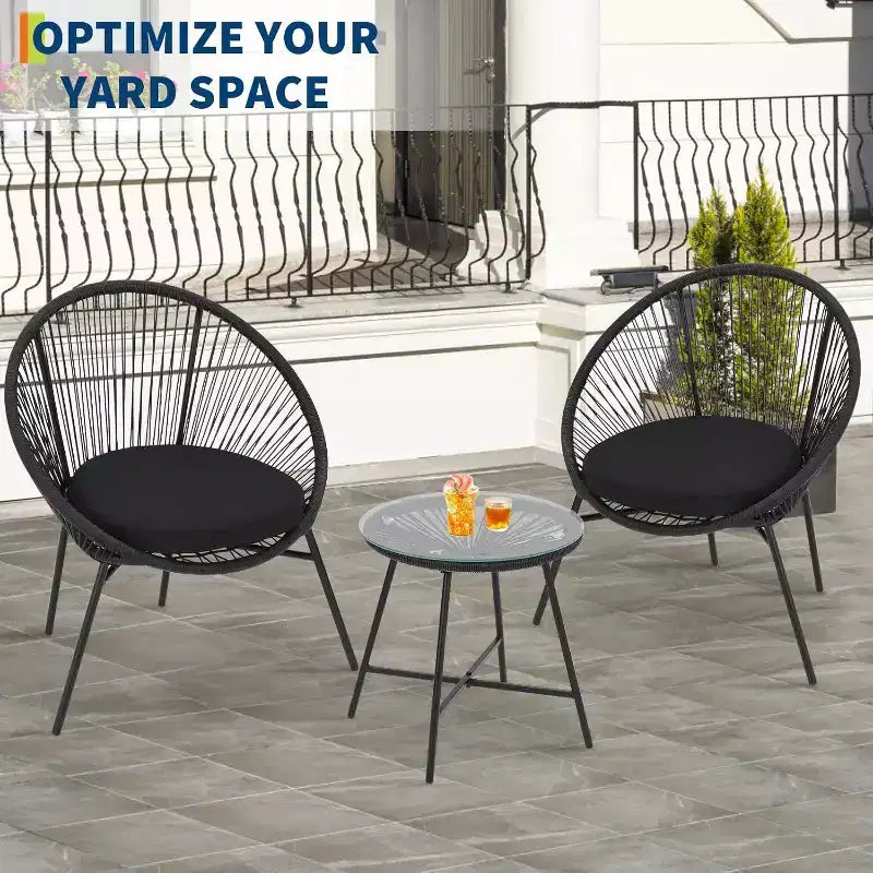 Ensemble de patio Acapulco 3 pièces – Chaises tissées tout temps et table en verre trempé pour balcon/terrasse