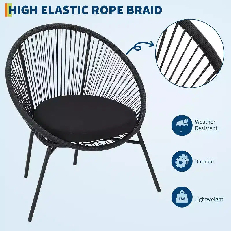 Ensemble de patio Acapulco 3 pièces – Chaises tissées tout temps et table en verre trempé pour balcon/terrasse