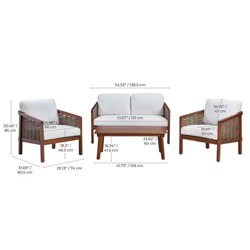 Ensemble de conversation d'extérieur 4 pièces en bois d'acacia marron - Teamson Home : sièges avec coussins et table basse assortie