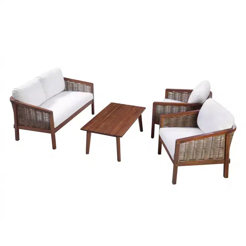Ensemble de conversation d'extérieur 4 pièces en bois d'acacia marron - Teamson Home : sièges avec coussins et table basse assortie