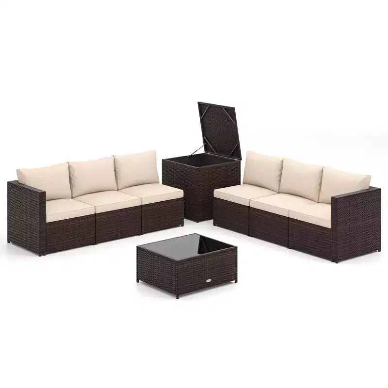 Costway Ensemble de Meubles de Jardin 8 Pièces avec Coffre de Rangement et Table Basse en Verre Trempé Beige